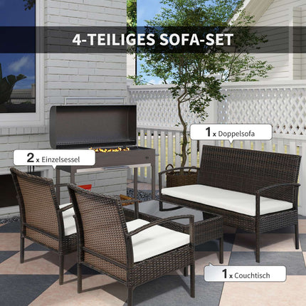 Garden sofa set in 4 parts of poly rattan, brown & cream