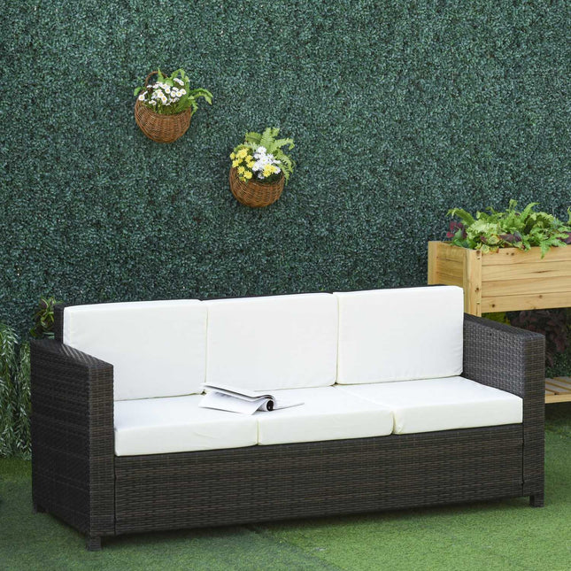 3-seater poly rattan garden sofa with cushions - brown/white