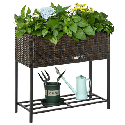 Flower box in poly rattan with shelf, brown, 70x30x72 Cm