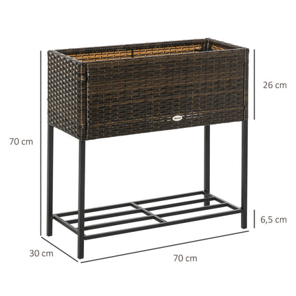 Flower box in poly rattan with shelf, brown, 70x30x72 Cm