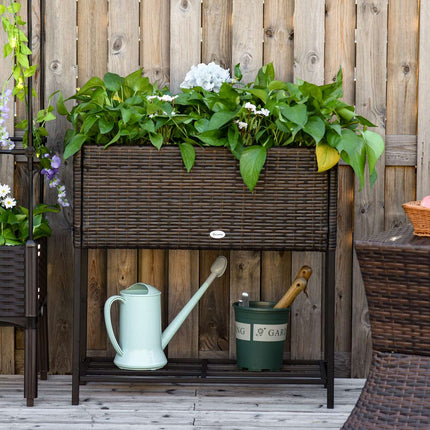 Flower box in poly rattan with shelf, brown, 70x30x72 Cm