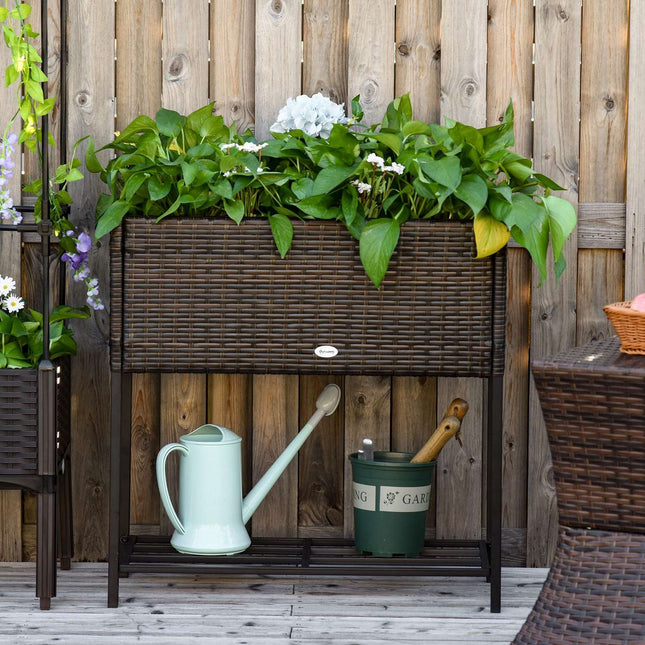 Flower box in poly rattan with shelf, brown, 70x30x72 Cm