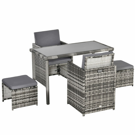 Poly rattan 4-seater garden dining set with cushions, gray