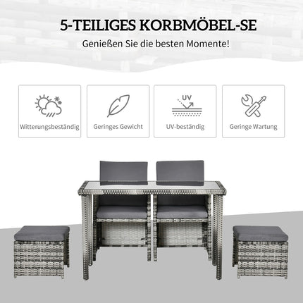 Poly rattan 4-seater garden dining set with cushions, gray