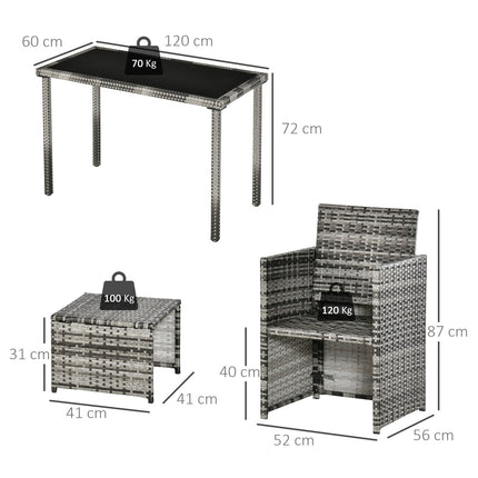 Poly rattan 4-seater garden dining set with cushions, gray