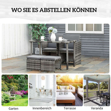 Poly rattan 4-seater garden dining set with cushions, gray