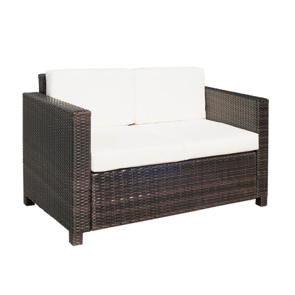 2-seater poly rattan garden sofa with cushions, brown and white