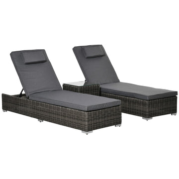 Adjustable sun lounger in poly rattan with table and cushion