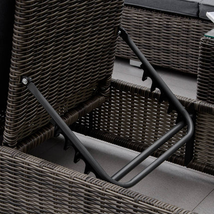 Adjustable sun lounger in poly rattan with table and cushion