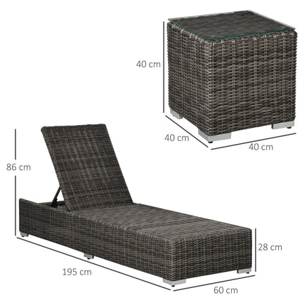 Adjustable sun lounger in poly rattan with table and cushion