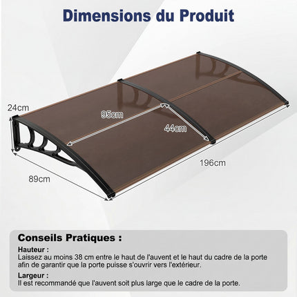 Polycarbonate Door Canopy, 197x89cm, Brown, Weatherproof