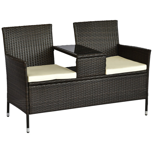 Brown polyrattan 2-seater garden bench with steel frame