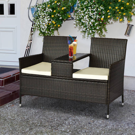 Brown polyrattan 2-seater garden bench with steel frame