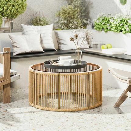 Polyrattan Coffee Table with Glass Top, 70x70x33 cm, Brown