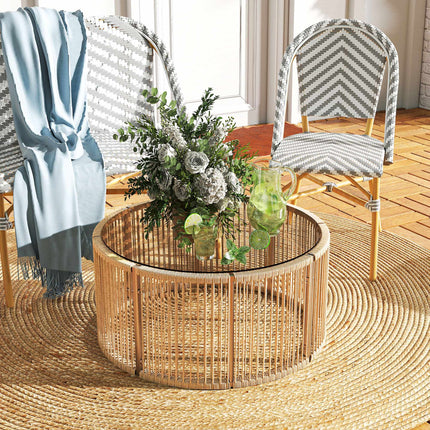 Polyrattan Coffee Table with Glass Top, 70x70x33 cm, Brown