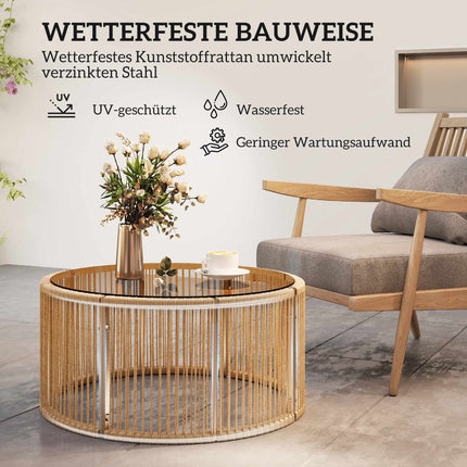 Polyrattan Coffee Table with Glass Top, 70x70x33 cm, Brown