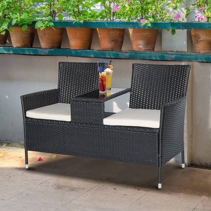 Garden sofa 2-seater polyrattan with table, black