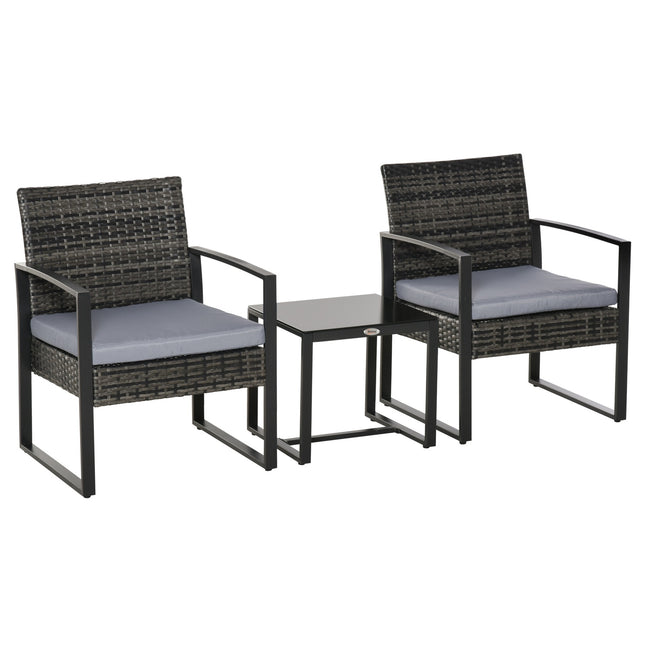 2-person balcony set in poly rattan with gray cushions