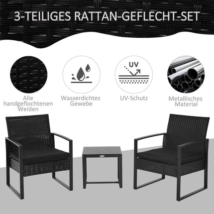 Black poly rattan balcony furniture set with cushions for 2
