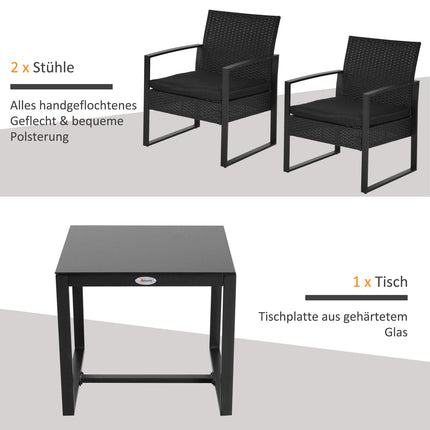 Black poly rattan balcony furniture set with cushions for 2