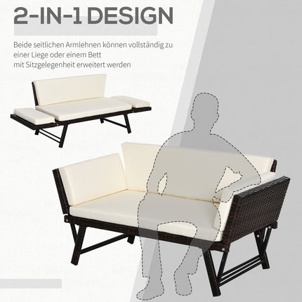 2-seater poly rattan garden sofa with folding armrests
