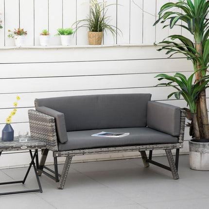 Poly rattan gray 2-seater garden sofa with folding arms