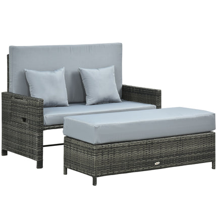 Gray polyrattan 2-seater garden sofa with cushion and stool