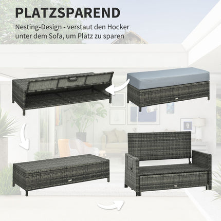 Gray polyrattan 2-seater garden sofa with cushion and stool