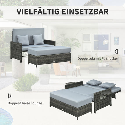 Gray polyrattan 2-seater garden sofa with cushion and stool