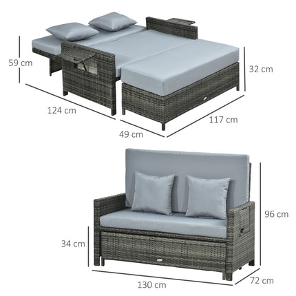 Gray polyrattan 2-seater garden sofa with cushion and stool
