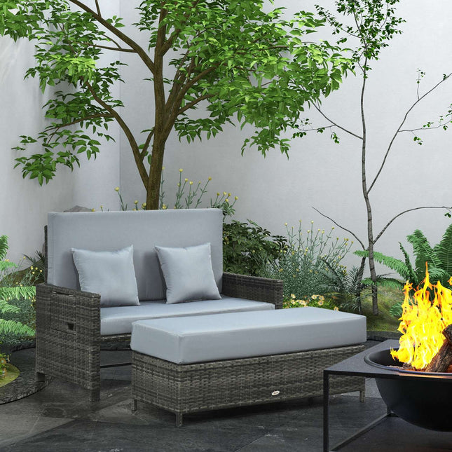Gray polyrattan 2-seater garden sofa with cushion and stool