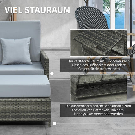 Gray polyrattan 2-seater garden sofa with cushion and stool
