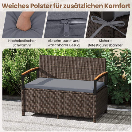 Polyrattan Outdoor Bench with Storage & Cushion, Grey