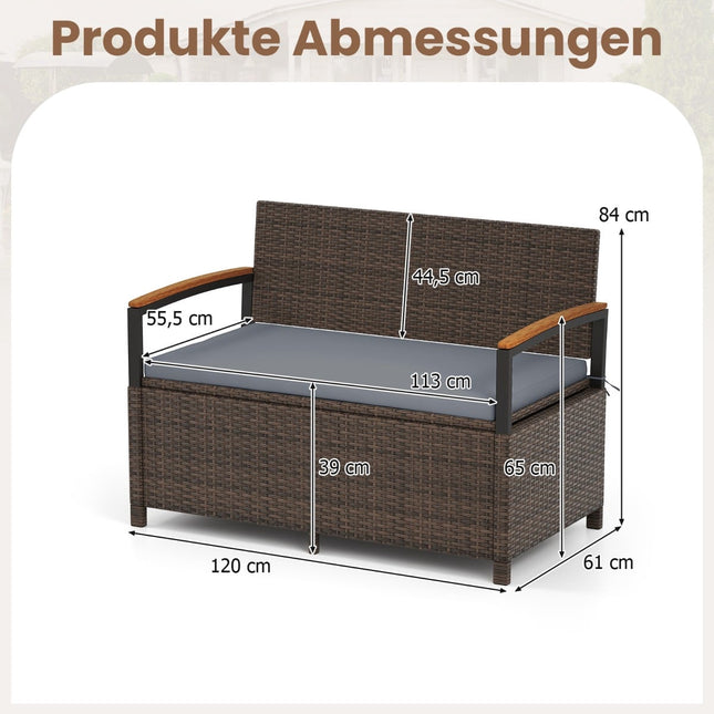 Polyrattan Outdoor Bench with Storage & Cushion, Grey
