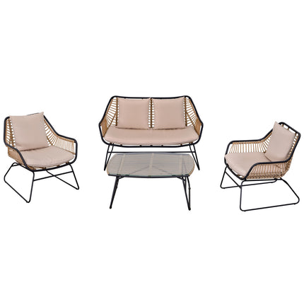 4-person sofa group in rattan, table in tempered glass, cushions