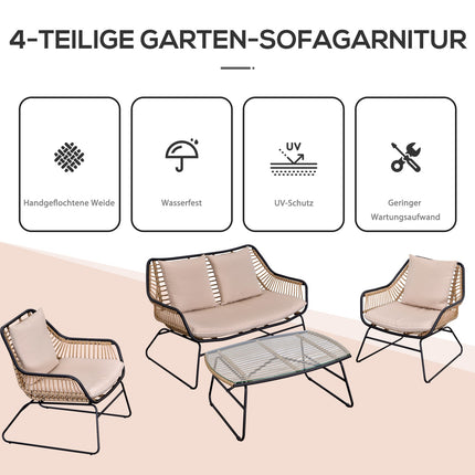 4-person sofa group in rattan, table in tempered glass, cushions