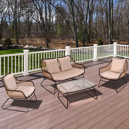 4-person sofa group in rattan, table in tempered glass, cushions