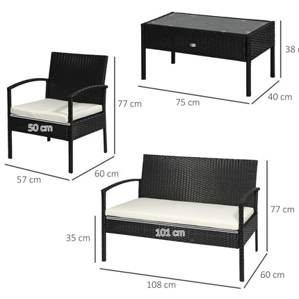 Garden lounge set in poly rattan with cushions, black, seats 4