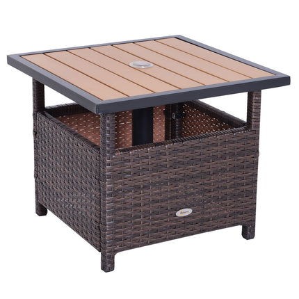 Brown patio table in poly rattan with umbrella stand, 55.5 cm