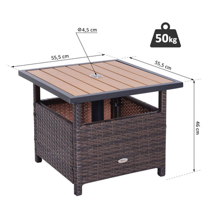 Brown patio table in poly rattan with umbrella stand, 55.5 cm