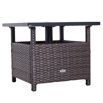 Brown patio table in poly rattan with umbrella stand, 55.5 cm