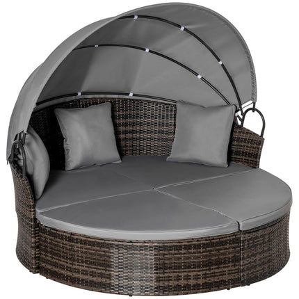 Sun lounger in poly rattan with foldable canopy, grey
