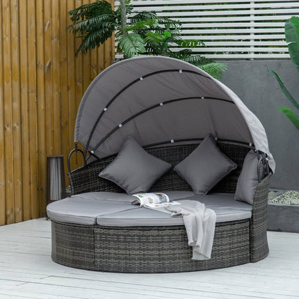 Sun lounger in poly rattan with foldable canopy, grey