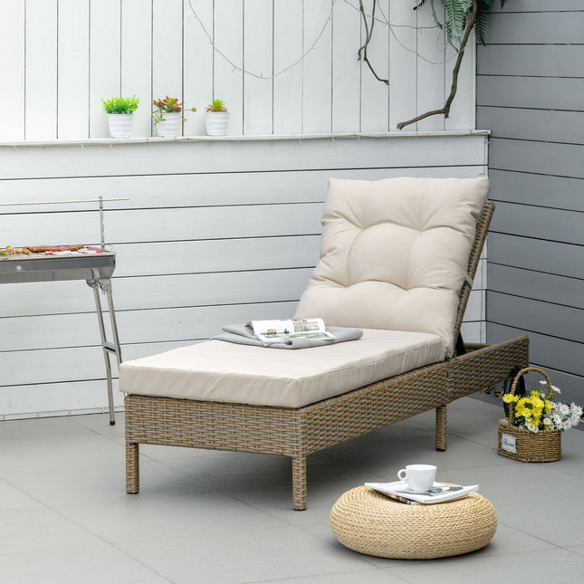 Adjustable sun lounger in poly rattan with cushion, Khaki