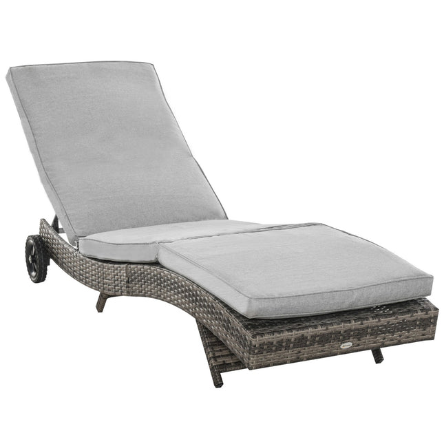 Adjustable sun lounger in poly rattan with cushion, grey