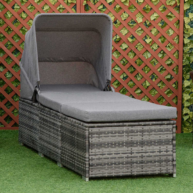 Sun lounger in rattan with canopy and cushion, Gray 195 x 65 cm
