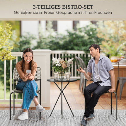 Polyrotan tuinmeubelset, outdoor lounge balkonmeubel voor 2 personen, 3-delige zitgroep met 2 stapelbare stoelen, tafel, weerbestendige tuinlounge voor in de tuin, terrasbalkon, grijs Aosoom