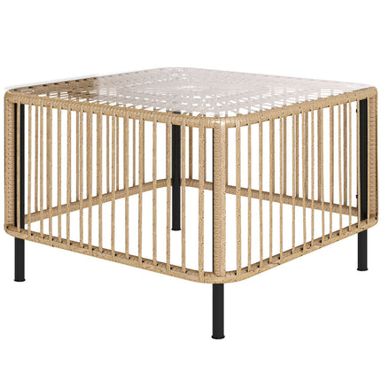Tuintafel van polyrotan, 65 x 65 x 43 cm, weerbestendige bijzettafel, vierkante terrastafel met glazen blad, salontafel, balkontafel, tuinmeubelen voor tuin, terras, balkon, natuurlijk hout Aosom