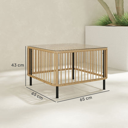 Tuintafel van polyrotan, 65 x 65 x 43 cm, weerbestendige bijzettafel, vierkante terrastafel met glazen blad, salontafel, balkontafel, tuinmeubelen voor tuin, terras, balkon, natuurlijk hout Aosom