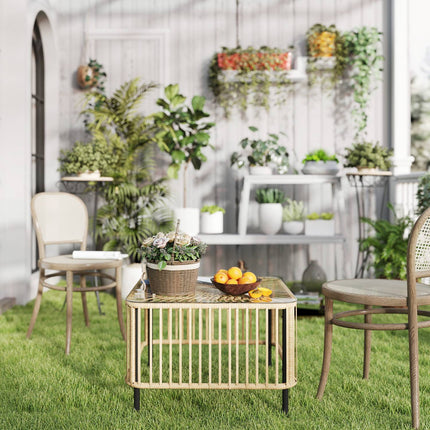 Tuintafel van polyrotan, 65 x 65 x 43 cm, weerbestendige bijzettafel, vierkante terrastafel met glazen blad, salontafel, balkontafel, tuinmeubelen voor tuin, terras, balkon, natuurlijk hout Aosom